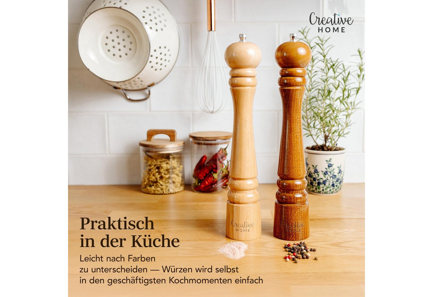 Creative Home Salz-/Pfeffermühle Große Salz und Pfeffermühle Holz Set von 2 Mühlen