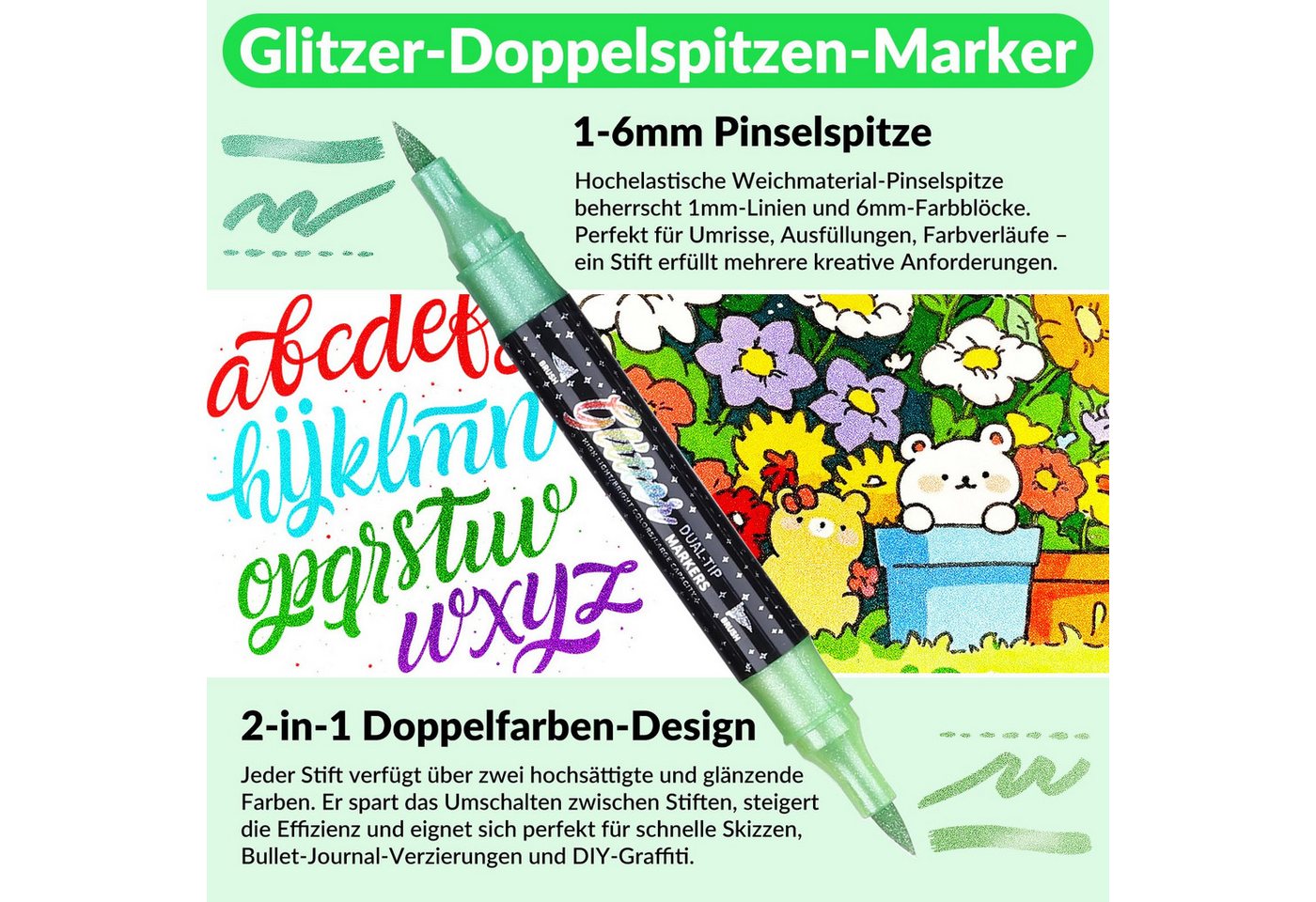 Agger Marker Glitzerstifte Set mit Doppelspitze – Metallische Filzstifte, (12-tlg), für DIY, Karten, Malbücher, Scrapbooking & Handlettering Bild 5