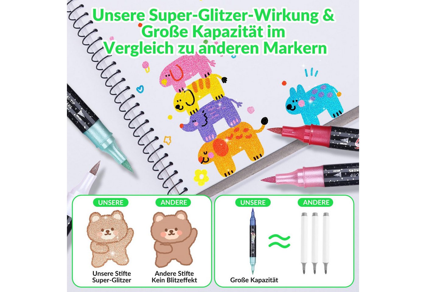 Agger Marker Glitzerstifte Set mit Doppelspitze – Metallische Filzstifte, (48-tlg), für DIY, Karten, Malbücher, Scrapbooking & Handlettering Bild 2