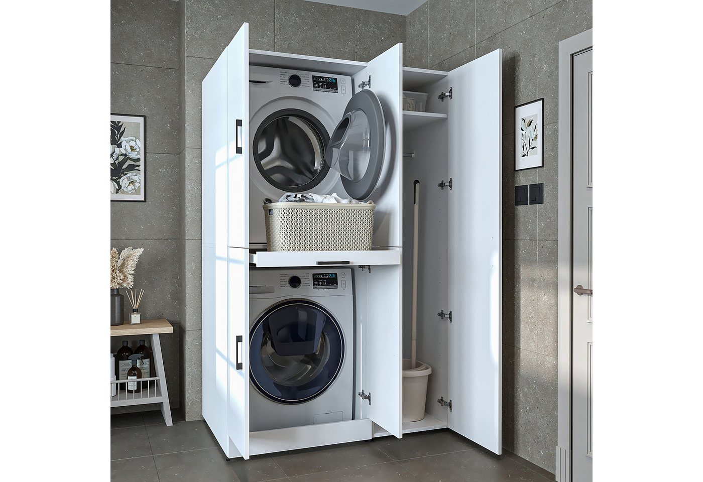 Roomart Waschmaschinenumbauschrank DORA Waschküche 115 cm mit Hochschrank, Soft-Close, 4 Farben (Waschmaschinenschrank DORA für Trockner & Waschmaschine in 4 Farben) Soft-Close-Türen, Vollauszug, 130kg Belastbarkeit, 4 Farben