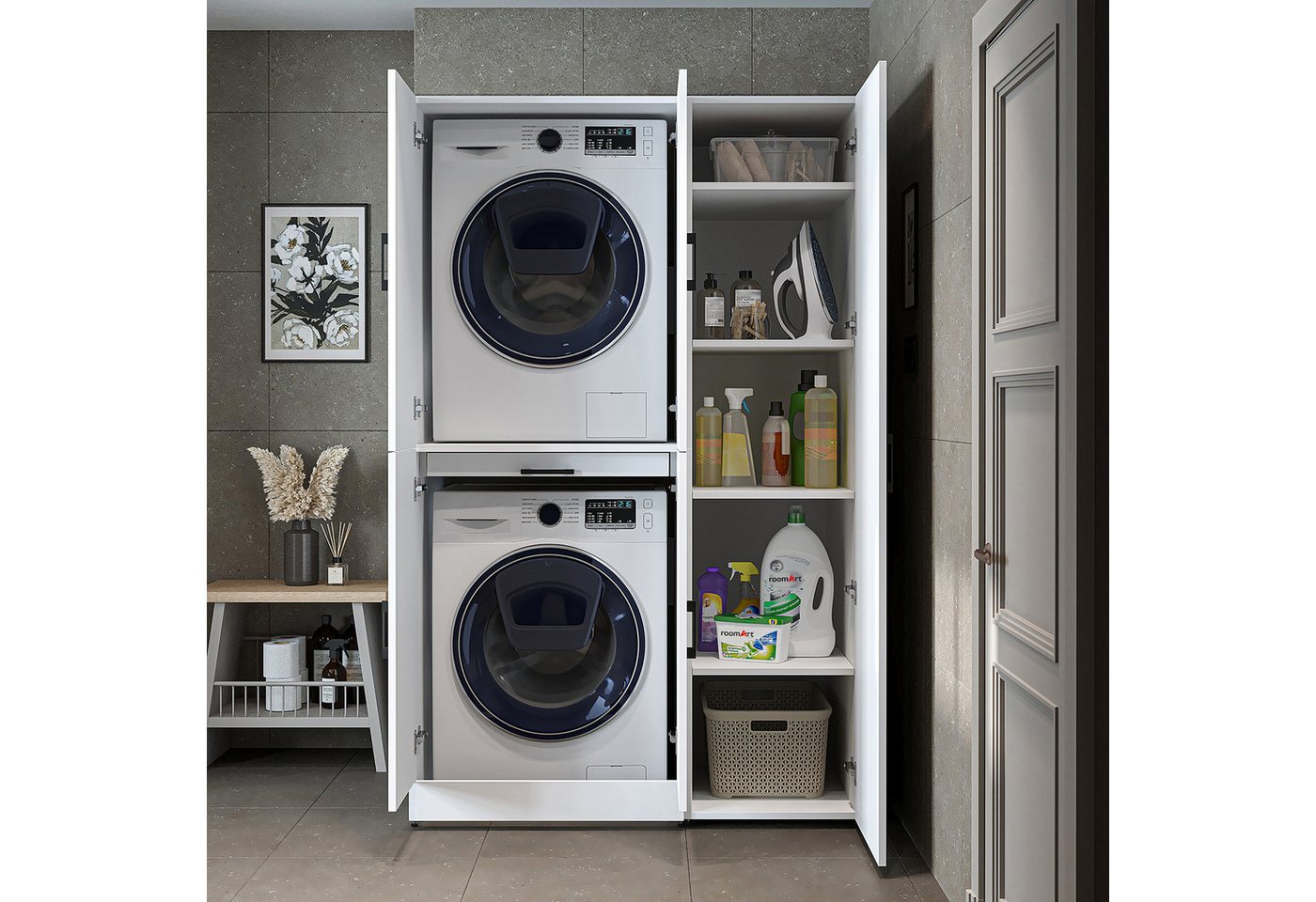 Roomart Waschmaschinenumbauschrank DORA Waschküche 115 cm mit Hochschrank, Soft-Close, 4 Farben (Waschmaschinenschrank DORA für Trockner & Waschmaschine in 4 Farben) Soft-Close-Türen, Vollauszug, 130kg Belastbarkeit, 4 Farben Bild 4