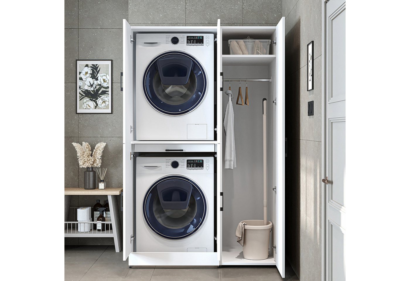 Roomart Waschmaschinenumbauschrank DORA Waschküche 115 cm mit Hochschrank, Soft-Close, 4 Farben (Waschmaschinenschrank DORA für Trockner & Waschmaschine in 4 Farben) Soft-Close-Türen, Vollauszug, 130kg Belastbarkeit, 4 Farben Bild 5