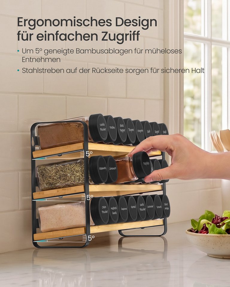 SONGMICS Gewürzregal Bezug abnehmbar, waschbar, rutschfest, Innenfutter wasserabweisend, mit 24 Gewürzgläser, Aufbewahrung Küche, 9 x 39,5 x 19,5 cm