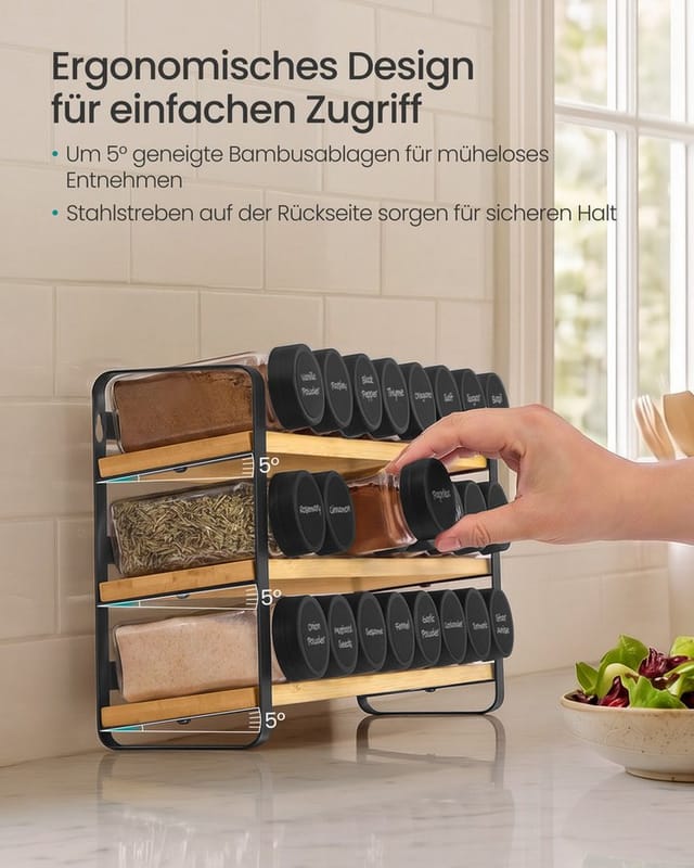 SONGMICS Gewürzregal Bezug abnehmbar, waschbar, rutschfest, Innenfutter wasserabweisend, mit 24 Gewürzgläser, Aufbewahrung Küche, 9 x 39,5 x 19,5 cm