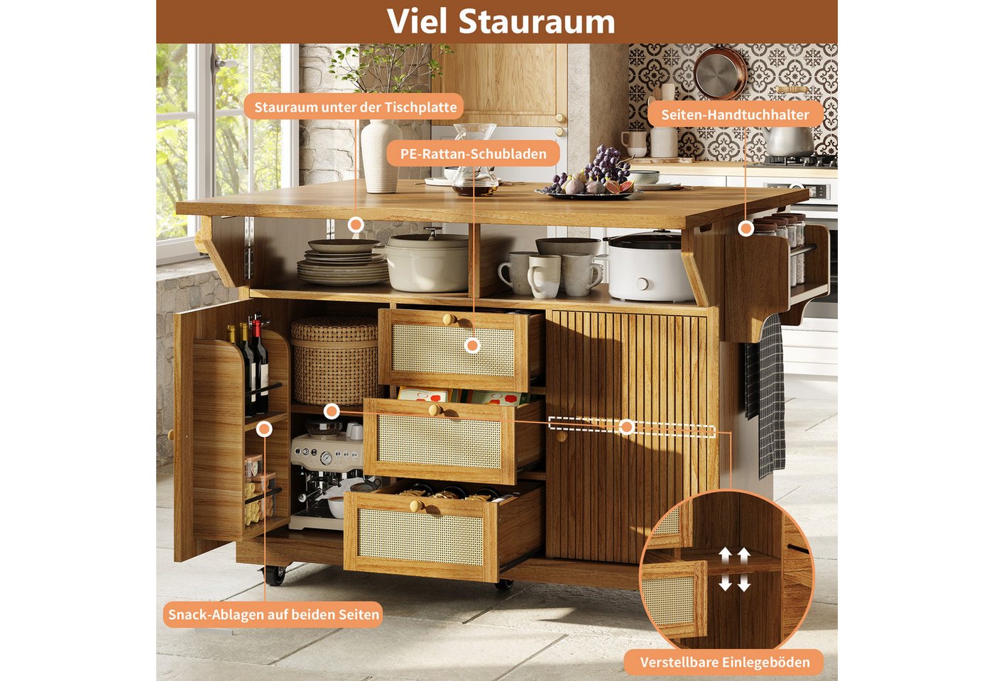 HAUSS SPOLE Kücheninsel Servierwagen mit Schubladen & Rollen,Küchenschrank,Dunkelbraun, (Servierwagen Bartisch mit klappbarer Tischplatte und verstellbaren Einlegeböden), Küchenwagen mit Stauraum und Rattanschubladen Bild 2