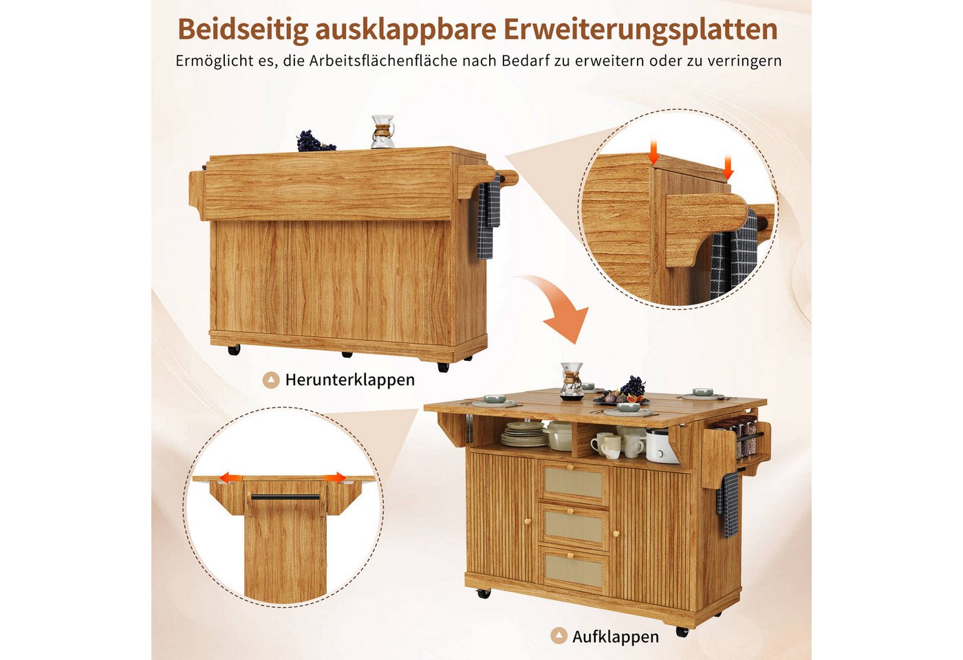 HAUSS SPOLE Kücheninsel Servierwagen mit Schubladen & Rollen,Küchenschrank,Dunkelbraun, (Servierwagen Bartisch mit klappbarer Tischplatte und verstellbaren Einlegeböden), Küchenwagen mit Stauraum und Rattanschubladen Bild 3