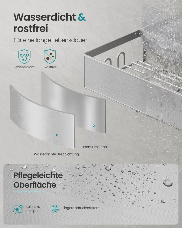 SONGMICS Duschablage Duschregal, ohne Bohren, rostfrei, aus Stahl, Shampoo Halterung, Badezimmer Organizer, 31,5 x 12,5 x 5 cm, 2er Set Bild 2