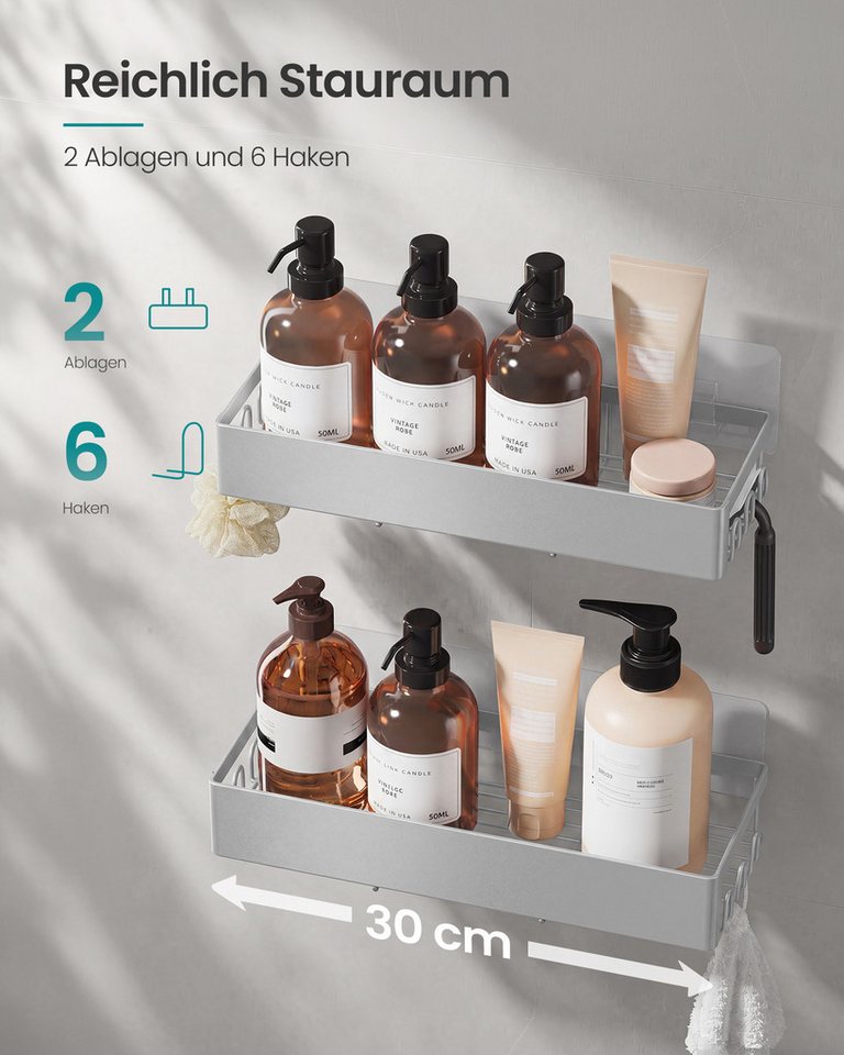 SONGMICS Duschablage Duschregal, ohne Bohren, rostfrei, aus Stahl, Shampoo Halterung, Badezimmer Organizer, 31,5 x 12,5 x 5 cm, 2er Set Bild 4