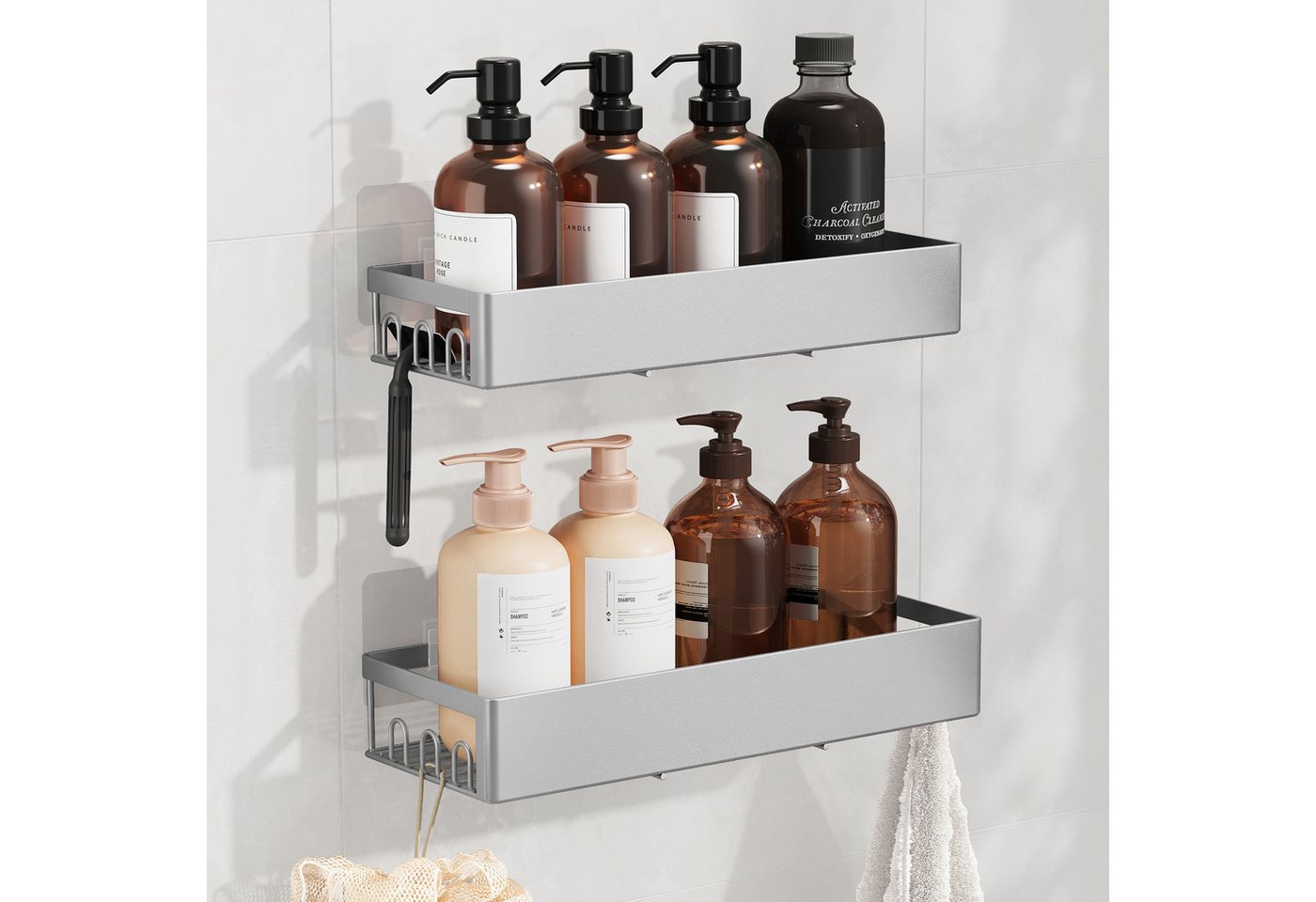 SONGMICS Duschablage Duschregal, ohne Bohren, rostfrei, aus Stahl, Shampoo Halterung, Badezimmer Organizer, 31,5 x 12,5 x 5 cm, 2er Set Bild 5