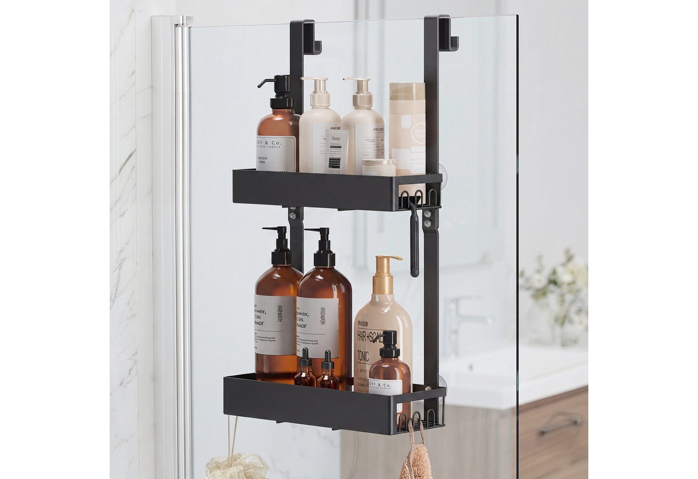 SONGMICS Duschablage Duschregal, ohne Bohren, rostfrei, aus Stahl, Shampoo Halterung, Badezimmer Organizer, 31,5 x 15,5 x 56 cm, 1er Set