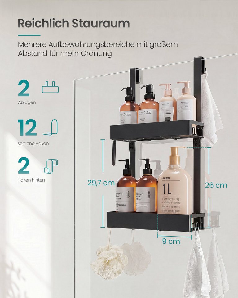 SONGMICS Duschablage Duschregal, ohne Bohren, rostfrei, aus Stahl, Shampoo Halterung, Badezimmer Organizer, 31,5 x 15,5 x 56 cm, 1er Set Bild 3