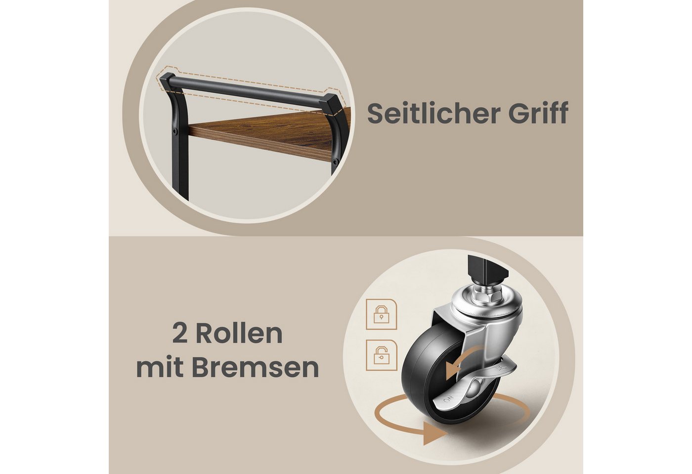 VASAGLE Küchenwagen mit Stahlrahmen, Modern Basic, Servierwagen mit abnehmbarem Tablett, Küchenregal mit Rollen Bild 3