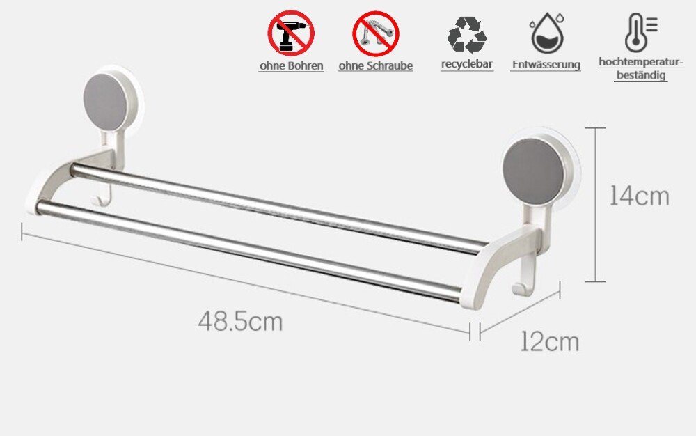 Creliv Handtuchhalter ohne Bohren – Doppelstange mit Haken, WC-Deckelheber GRATIS