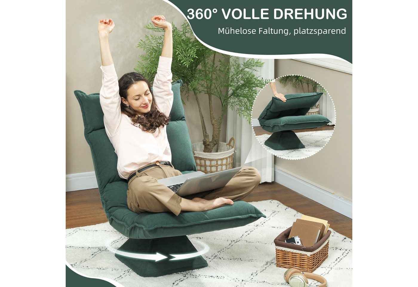 HOMCOM Bodenkissen Bodenstuhl 360° drehbar Bodensessel mit verstellbarer Rückenlehne, für Wohnzimmer Gaming & Lesen Grün Bild 3