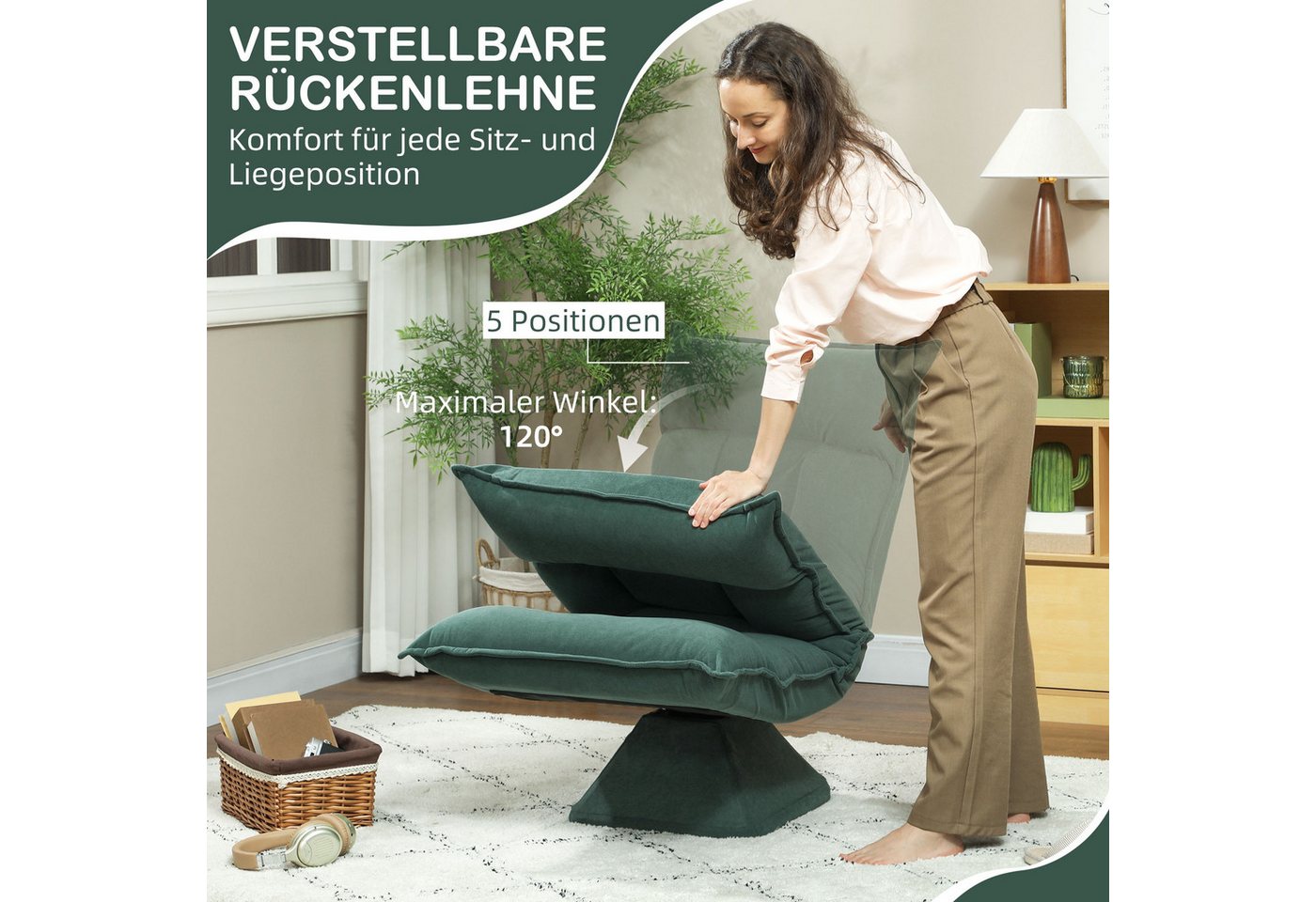 HOMCOM Bodenkissen Bodenstuhl 360° drehbar Bodensessel mit verstellbarer Rückenlehne, für Wohnzimmer Gaming & Lesen Grün Bild 4