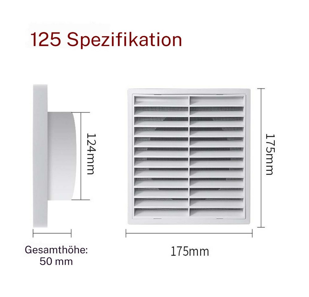 PRIISF Lüftungsgitter Abluftgitter Außengitter Insektenschutz Luftauslässe Belüftungsgitter (100 mm 125 mm 150 mm Rechteckig Lüftungsgitter Lüftungsabdeckung, Abschlussgitter Lüftungsloch Lamellengitter Insektenschutzgitter), für Badezimmer, Garage, Küche, Dunstabzug Außen, Trockner, Dachboden Bild 4