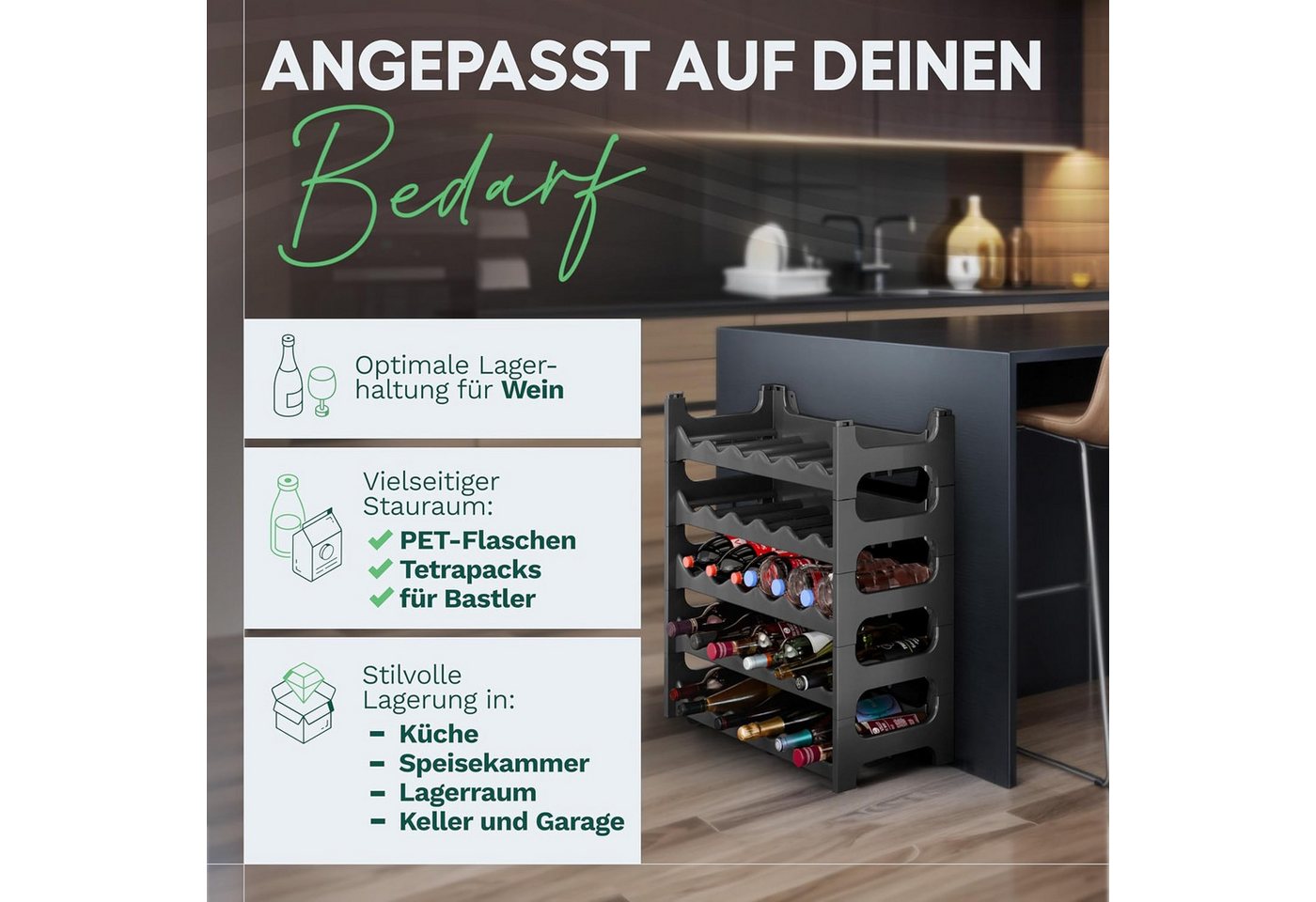 Novaliv Weinregal 20639-6x, 6-tlg., Flaschenregal für 36 Flaschen aus Kunststoff Recycelt, erweiterbar, We Bild 4
