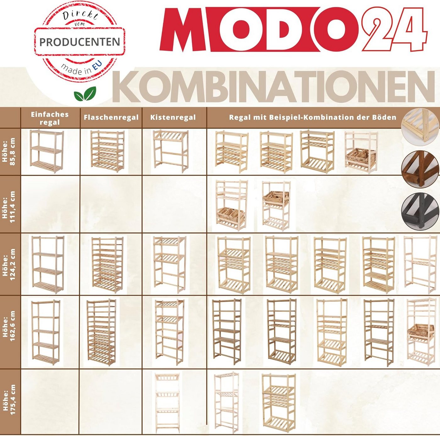 Modo24 Weinregal Kistenregal, Kombiregal, Weinregal, Holzregal, Massivholz Kiefer, Allzweckregal, Modulares Design, viele Größen und Farben