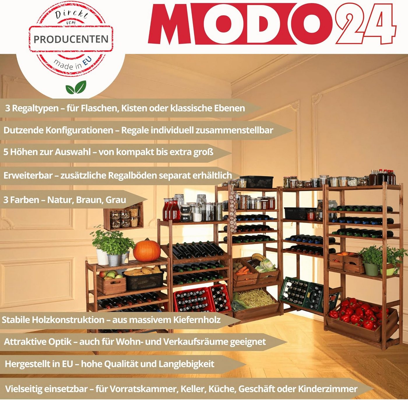 Modo24 Weinregal Kistenregal, Kombiregal, Weinregal, Holzregal, Massivholz Kiefer, Allzweckregal, Modulares Design, viele Größen und Farben Bild 3