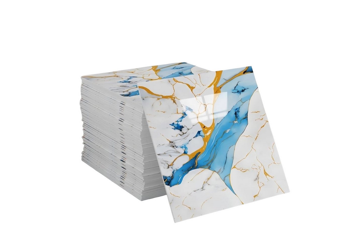 Agger Wandfliese Selbstklebend, Tile Stickers 10 Stück, Peel and Stick Tiles 30X30CM, 30x30, Blau-Gold, Wasserfest & Schmutzabweisend, Fliesenaufkleber Marmor