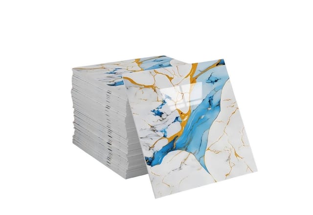 Agger Wandfliese Selbstklebend, Tile Stickers 10 Stück, Peel and Stick Tiles 30X30CM, 30x30, Blau-Gold, Wasserfest & Schmutzabweisend, Fliesenaufkleber Marmor