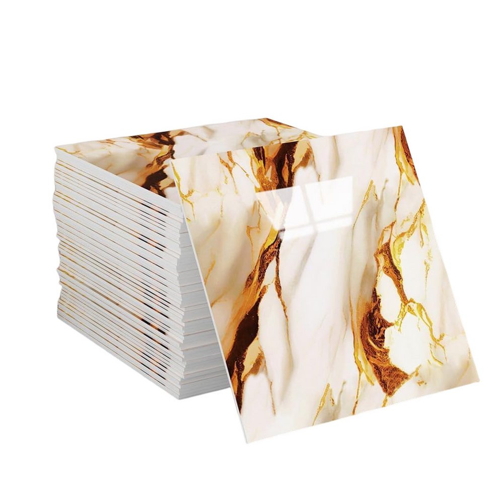 Agger Wandfliese Selbstklebend, Tile Stickers 10 Stück, Peel and Stick Tiles 30X30CM, 30x30, Gold-Weiß, Wasserfest & Schmutzabweisend, Fliesenaufkleber Marmor