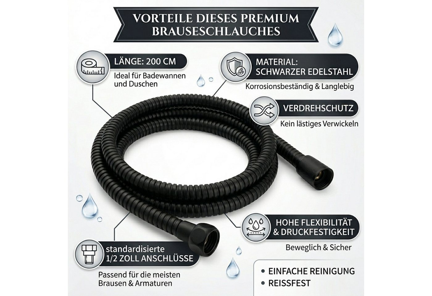 Sanixa Brauseschlauch Qualitäts Duschschlauch Edelstahl schwarz 200 cm, (Verdrehschutz, 1 St., Wasserspareinsatz herausnehmbar), für Handbrause Duschbrause Standart Anschluss Bild 2