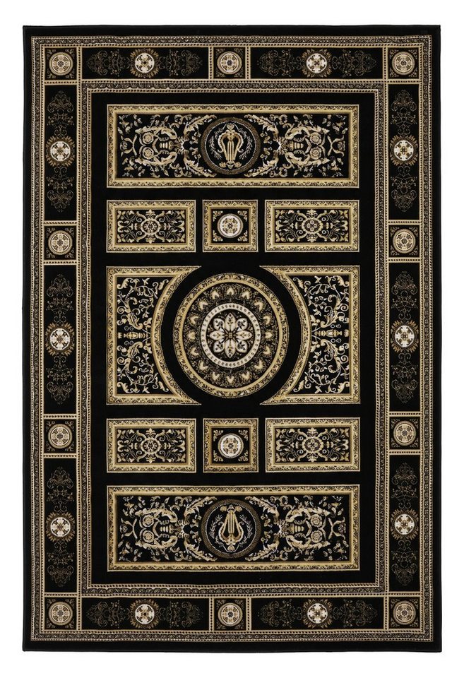 Vimoda Orientteppich Kurzflor Schwarz & Gold, Wohnzimmerteppich mit Ornament Muster, Rechteckig, Höhe: 8 mm, Bordüre, pflegeleichter Wohnzimmerteppich, schlafzimmer