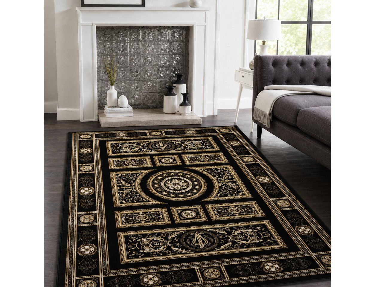 Vimoda Orientteppich Kurzflor Schwarz & Gold, Wohnzimmerteppich mit Ornament Muster, Rechteckig, Höhe: 8 mm, Bordüre, pflegeleichter Wohnzimmerteppich, schlafzimmer Bild 2