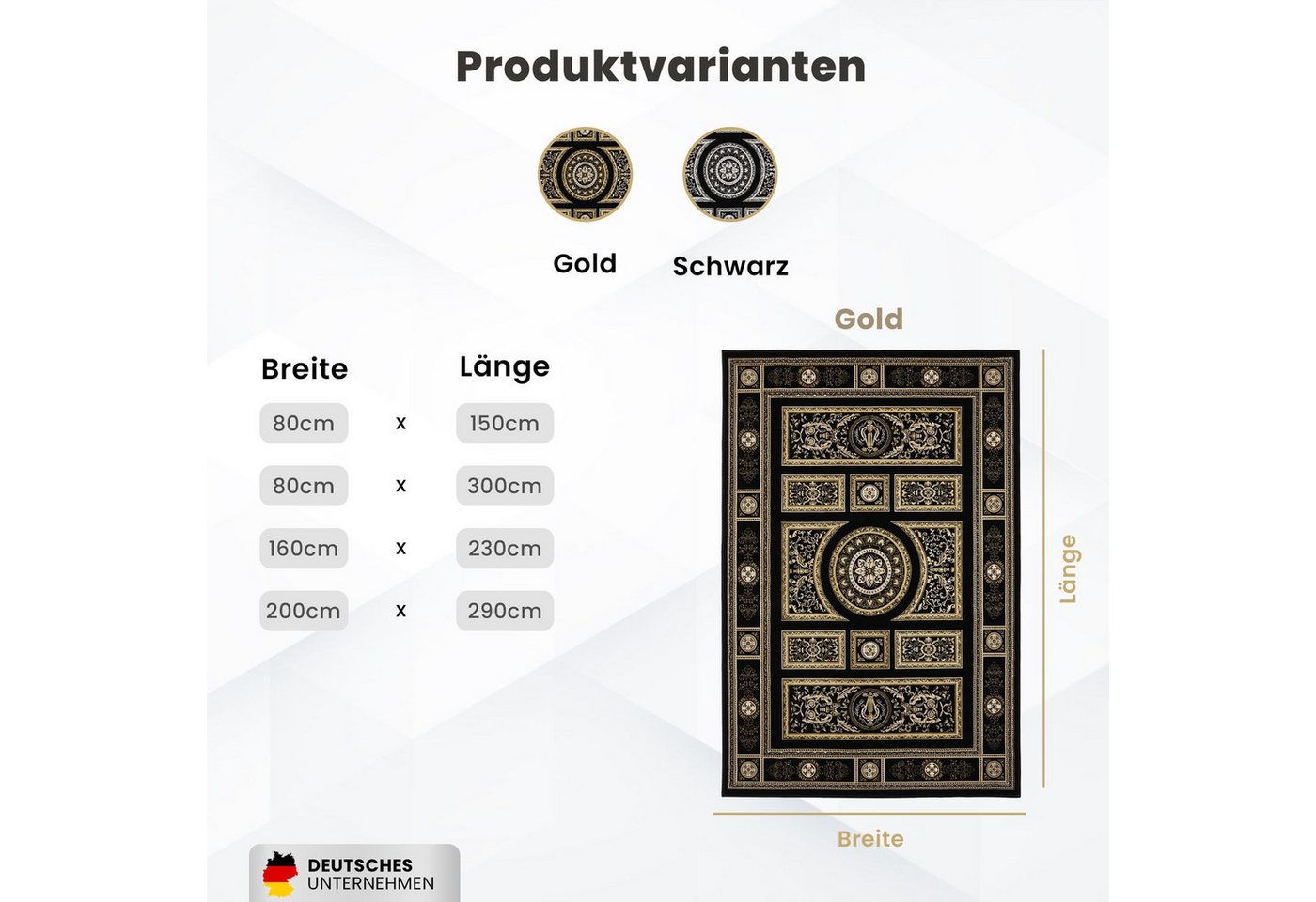 Vimoda Orientteppich Kurzflor Schwarz & Gold, Wohnzimmerteppich mit Ornament Muster, Rechteckig, Höhe: 8 mm, Bordüre, pflegeleichter Wohnzimmerteppich, schlafzimmer Bild 3