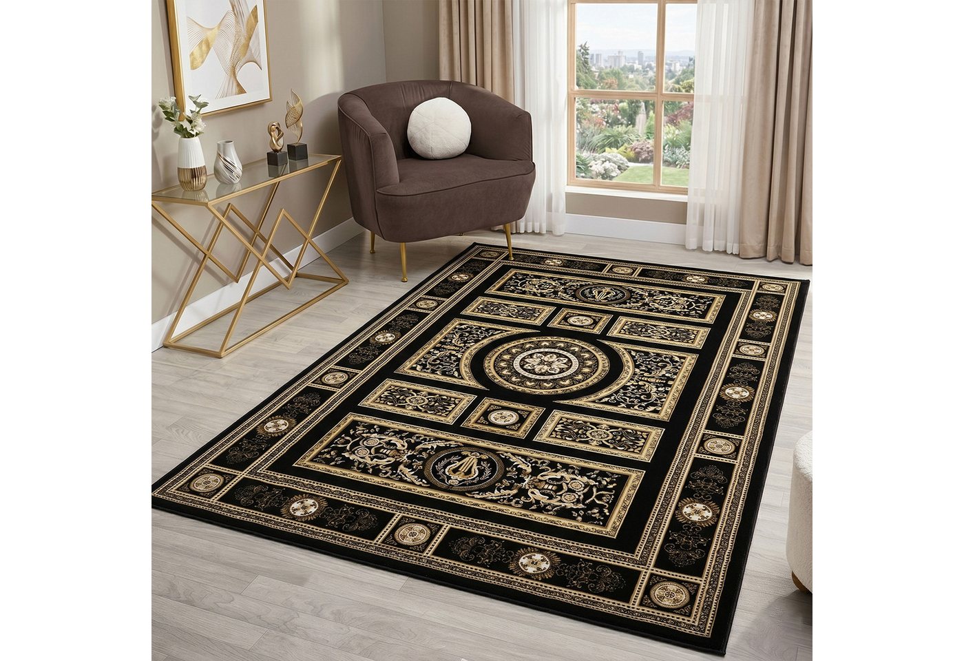Vimoda Orientteppich Kurzflor Schwarz & Gold, Wohnzimmerteppich mit Ornament Muster, Rechteckig, Höhe: 8 mm, Bordüre, pflegeleichter Wohnzimmerteppich, schlafzimmer Bild 4