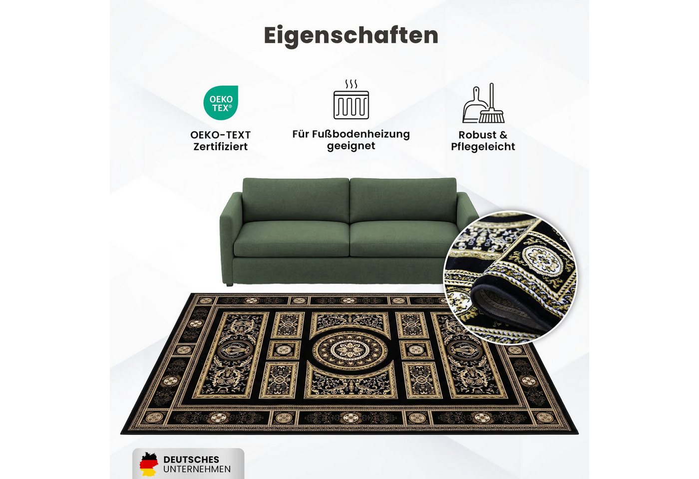 Vimoda Orientteppich Kurzflor Schwarz & Gold, Wohnzimmerteppich mit Ornament Muster, Rechteckig, Höhe: 8 mm, Bordüre, pflegeleichter Wohnzimmerteppich, schlafzimmer Bild 5