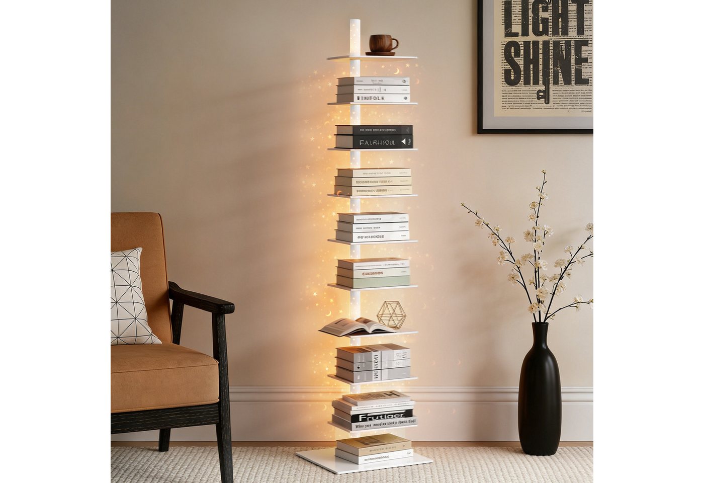 XIIW Bücherregal 1.8M LED STERNENLICHT Standregal CD DVD Kind Drehbar Regal Bücherturm, 9 Ablagen Vertikaler Bücherregal für Kinderzimmer, Wohnzimmer Schlafzimmer Freistehend Modern Design Bild 3