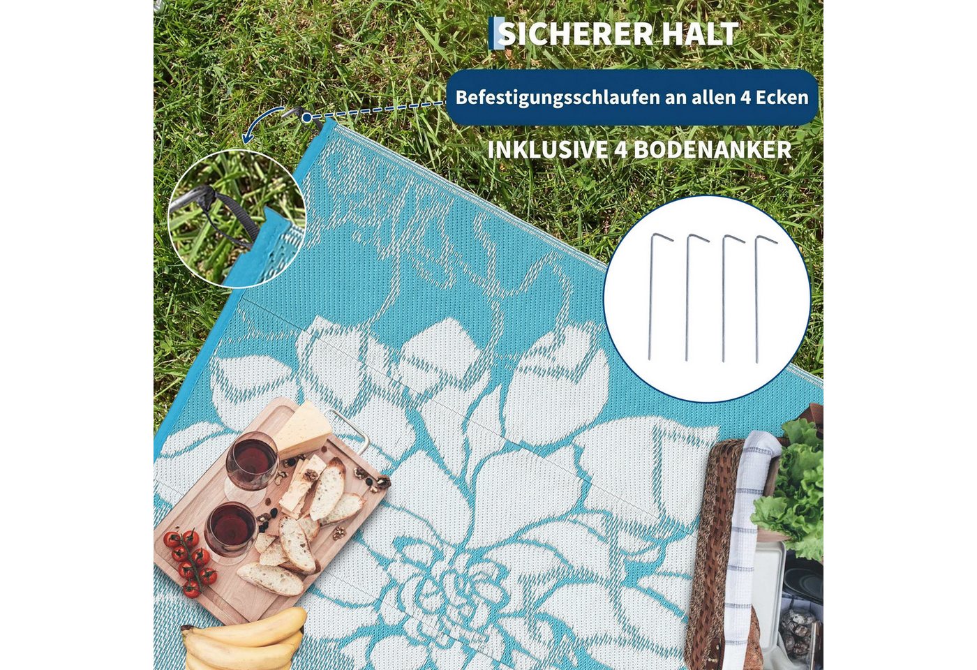 GarveeMore Outdoorteppich Outdoor-Wendeteppich aus PP-Gewebe, wasserfester, inkl. Befestigungsheringe & Tragetasche
