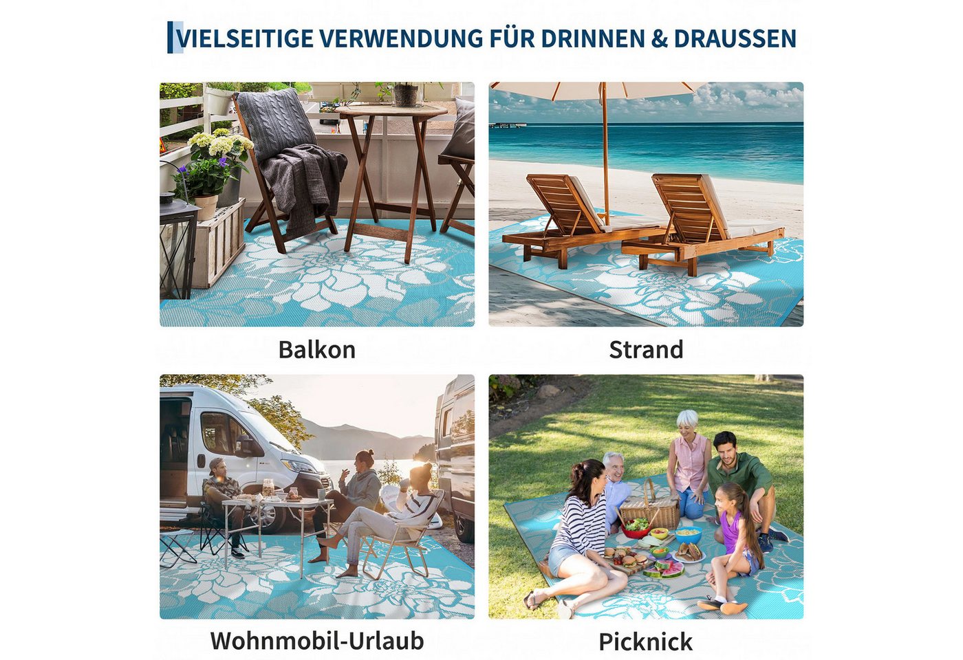 GarveeMore Outdoorteppich Outdoor-Wendeteppich aus PP-Gewebe, wasserfester, inkl. Befestigungsheringe & Tragetasche Bild 2