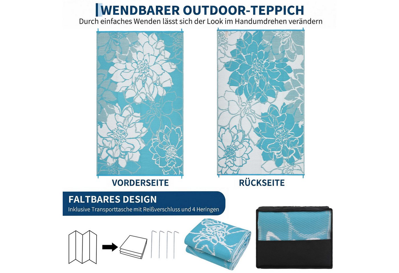 GarveeMore Outdoorteppich Outdoor-Wendeteppich aus PP-Gewebe, wasserfester, inkl. Befestigungsheringe & Tragetasche Bild 3