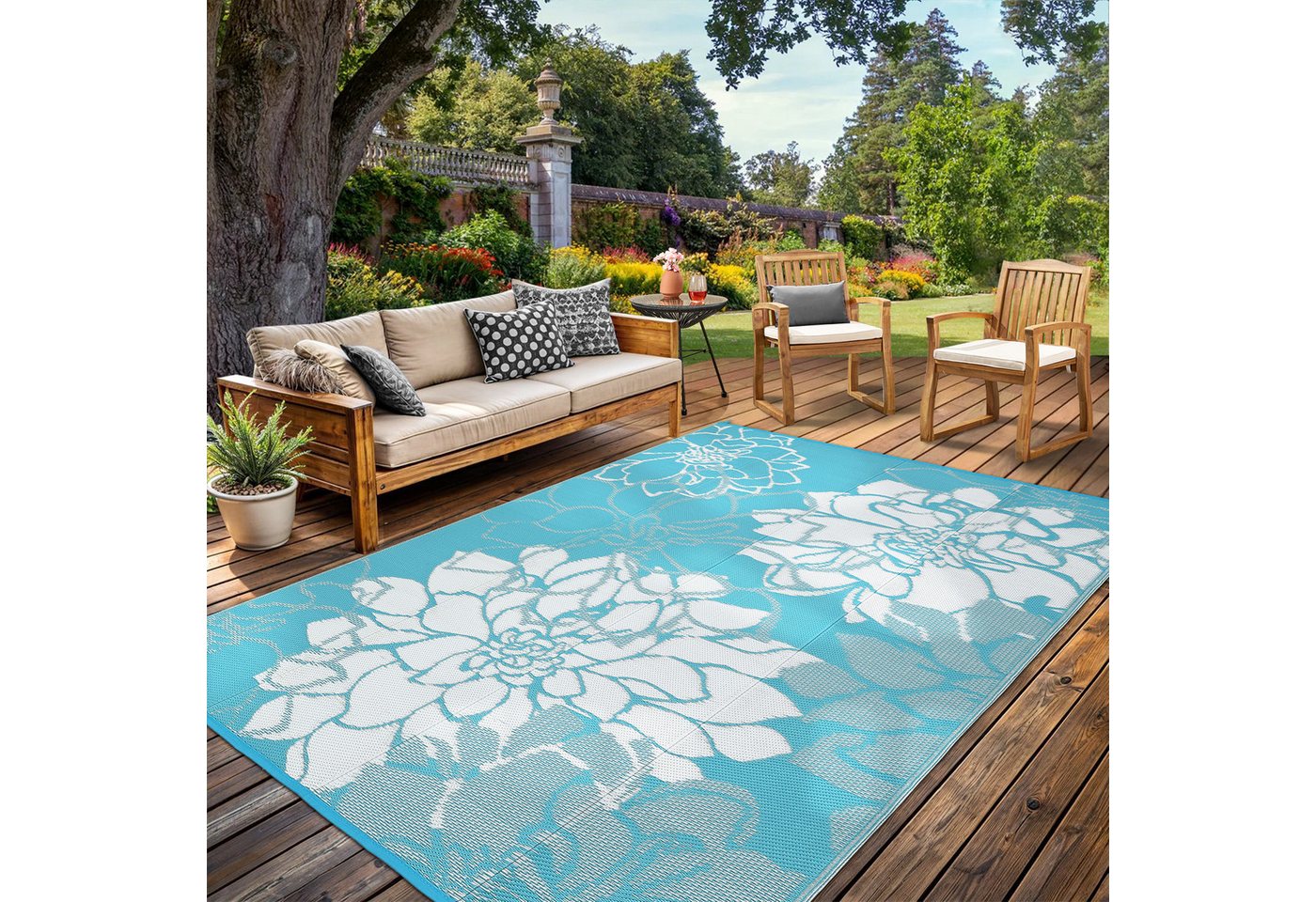 GarveeMore Outdoorteppich Outdoor-Wendeteppich aus PP-Gewebe, wasserfester, inkl. Befestigungsheringe & Tragetasche Bild 4