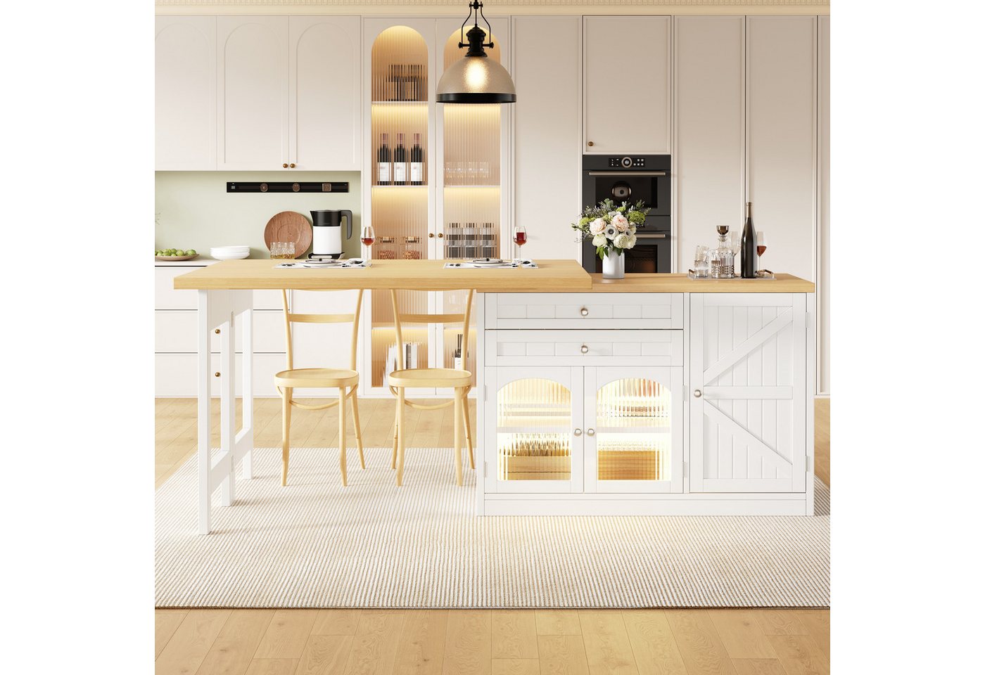 Flieks Kücheninsel Küchenschrank mit 360° drehbarer Esstisch, klappbarer Arbeitsplatte, (Holzoptik Tischplatte Tiefe 40-80cm, Längenverstellbar 120-194cm), ausziehbar Arbeitstisch&Mehrzweckschrank mit LED-Beleuchtung Weiß