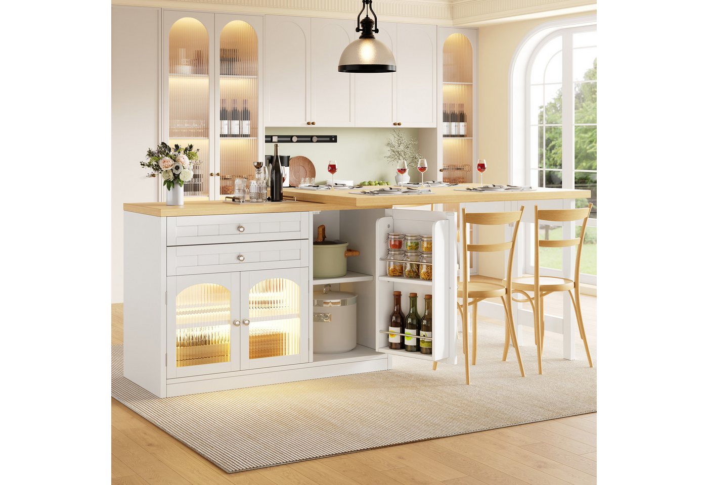 Flieks Kücheninsel Küchenschrank mit 360° drehbarer Esstisch, klappbarer Arbeitsplatte, (Holzoptik Tischplatte Tiefe 40-80cm, Längenverstellbar 120-194cm), ausziehbar Arbeitstisch&Mehrzweckschrank mit LED-Beleuchtung Weiß Bild 2