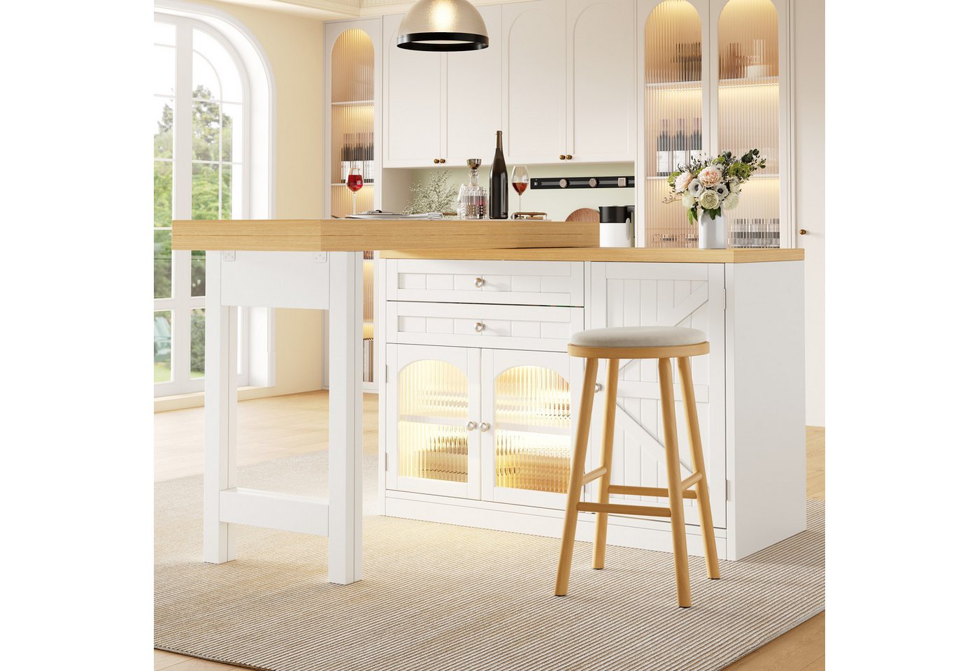 Flieks Kücheninsel Küchenschrank mit 360° drehbarer Esstisch, klappbarer Arbeitsplatte, (Holzoptik Tischplatte Tiefe 40-80cm, Längenverstellbar 120-194cm), ausziehbar Arbeitstisch&Mehrzweckschrank mit LED-Beleuchtung Weiß Bild 3