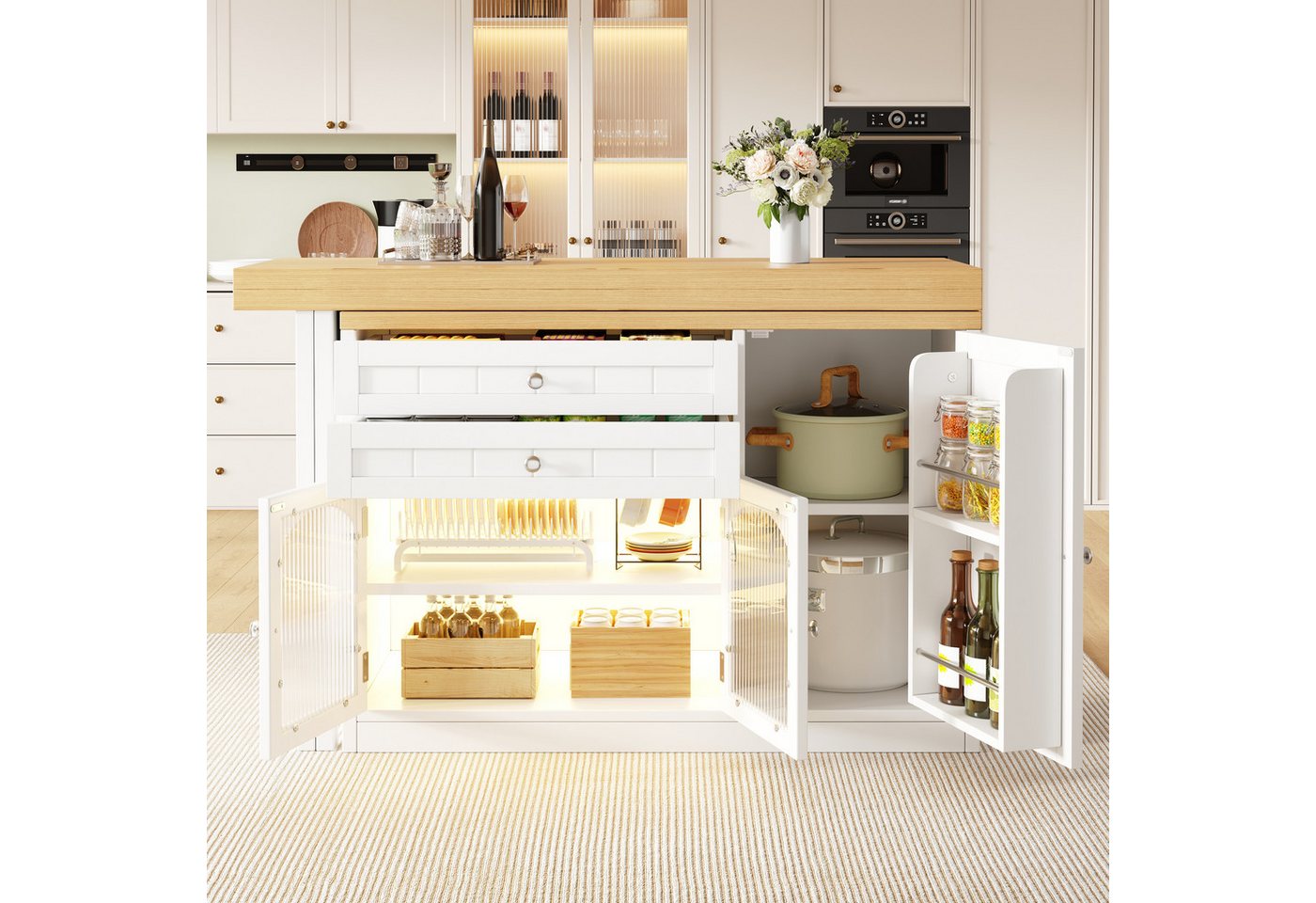 Flieks Kücheninsel Küchenschrank mit 360° drehbarer Esstisch, klappbarer Arbeitsplatte, (Holzoptik Tischplatte Tiefe 40-80cm, Längenverstellbar 120-194cm), ausziehbar Arbeitstisch&Mehrzweckschrank mit LED-Beleuchtung Weiß Bild 4