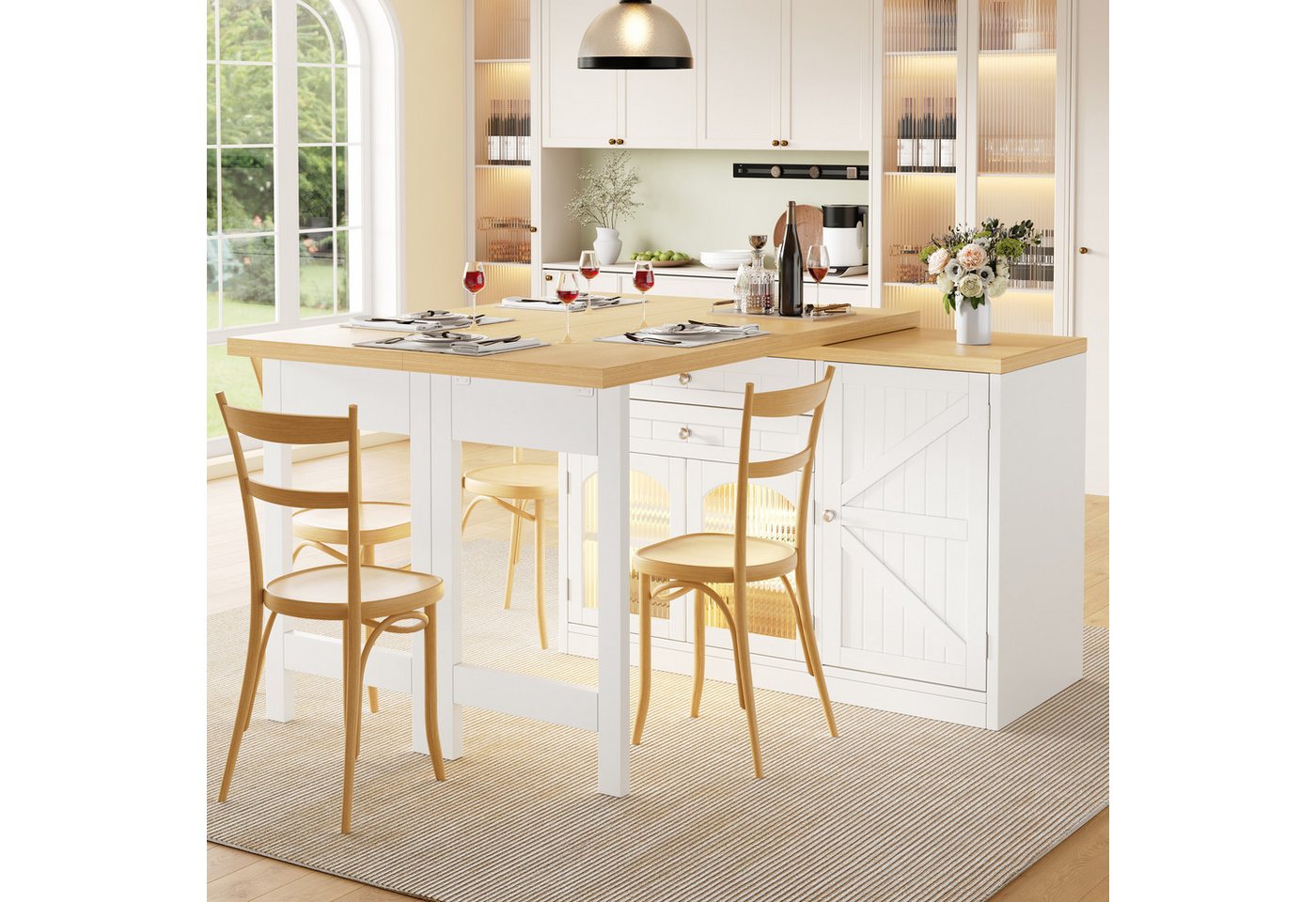 Flieks Kücheninsel Küchenschrank mit 360° drehbarer Esstisch, klappbarer Arbeitsplatte, (Holzoptik Tischplatte Tiefe 40-80cm, Längenverstellbar 120-194cm), ausziehbar Arbeitstisch&Mehrzweckschrank mit LED-Beleuchtung Weiß Bild 5