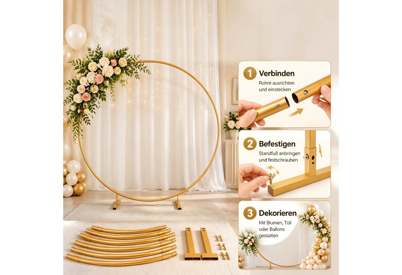 Luckice Fensterdekoration 2m runder Ballonbogen mit Blumenmuster, goldener Ständer, Hochzeitsdeko, Indoor/Outdoor Bild 5
