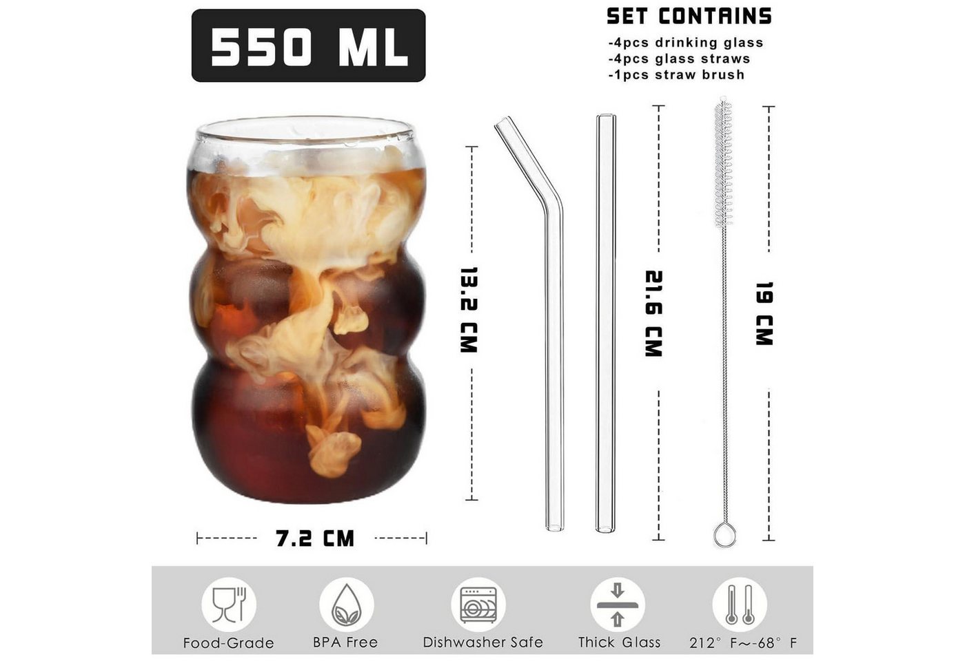LuxusKollektion Gläser-Set Trinkgläser Set 4er geripptes Glas 550ml Wave Latte Macchiato