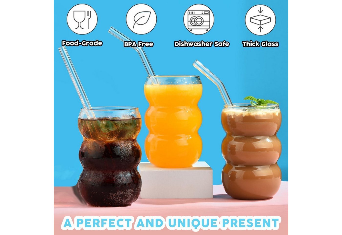 LuxusKollektion Gläser-Set Trinkgläser Set 4er geripptes Glas 550ml Wave Latte Macchiato Bild 2