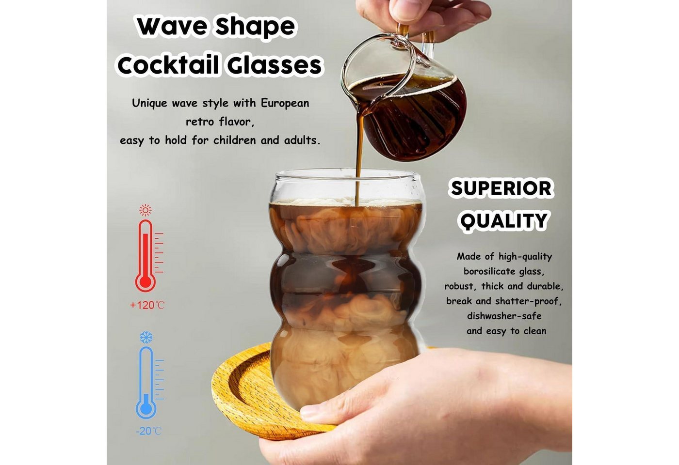 LuxusKollektion Gläser-Set Trinkgläser Set 4er geripptes Glas 550ml Wave Latte Macchiato Bild 4