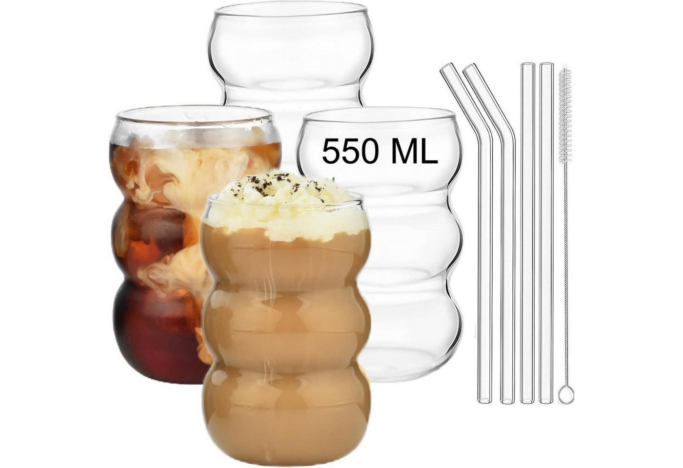 LuxusKollektion Gläser-Set Trinkgläser Set 4er geripptes Glas 550ml Wave Latte Macchiato Bild 5