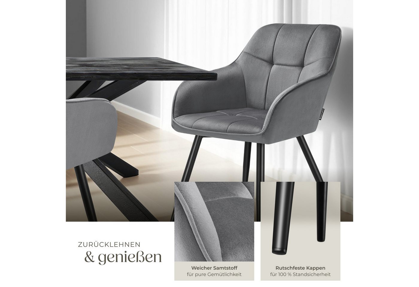 tectake Esszimmerstuhl Polstersessel gepolstert, in Samtoptik, gesteppt, 58 x 62 x 82 cm (Küchenstuhl Marilyn in grau/schwarz, 6 St), durchgehende Lehne, Stahlbeine, bodenschonend, Belastbarkeit 120 kg