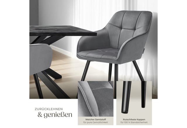 tectake Esszimmerstuhl Polstersessel gepolstert, in Samtoptik, gesteppt, 58 x 62 x 82 cm (Küchenstuhl Marilyn in grau/schwarz, 6 St), durchgehende Lehne, Stahlbeine, bodenschonend, Belastbarkeit 120 kg