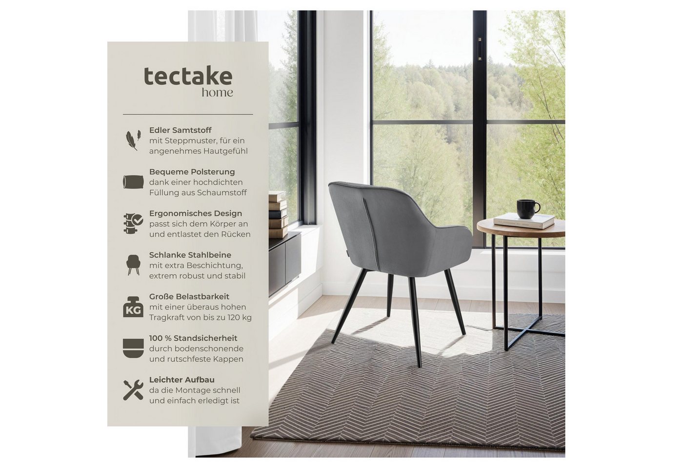 tectake Esszimmerstuhl Polstersessel gepolstert, in Samtoptik, gesteppt, 58 x 62 x 82 cm (Küchenstuhl Marilyn in grau/schwarz, 6 St), durchgehende Lehne, Stahlbeine, bodenschonend, Belastbarkeit 120 kg Bild 2